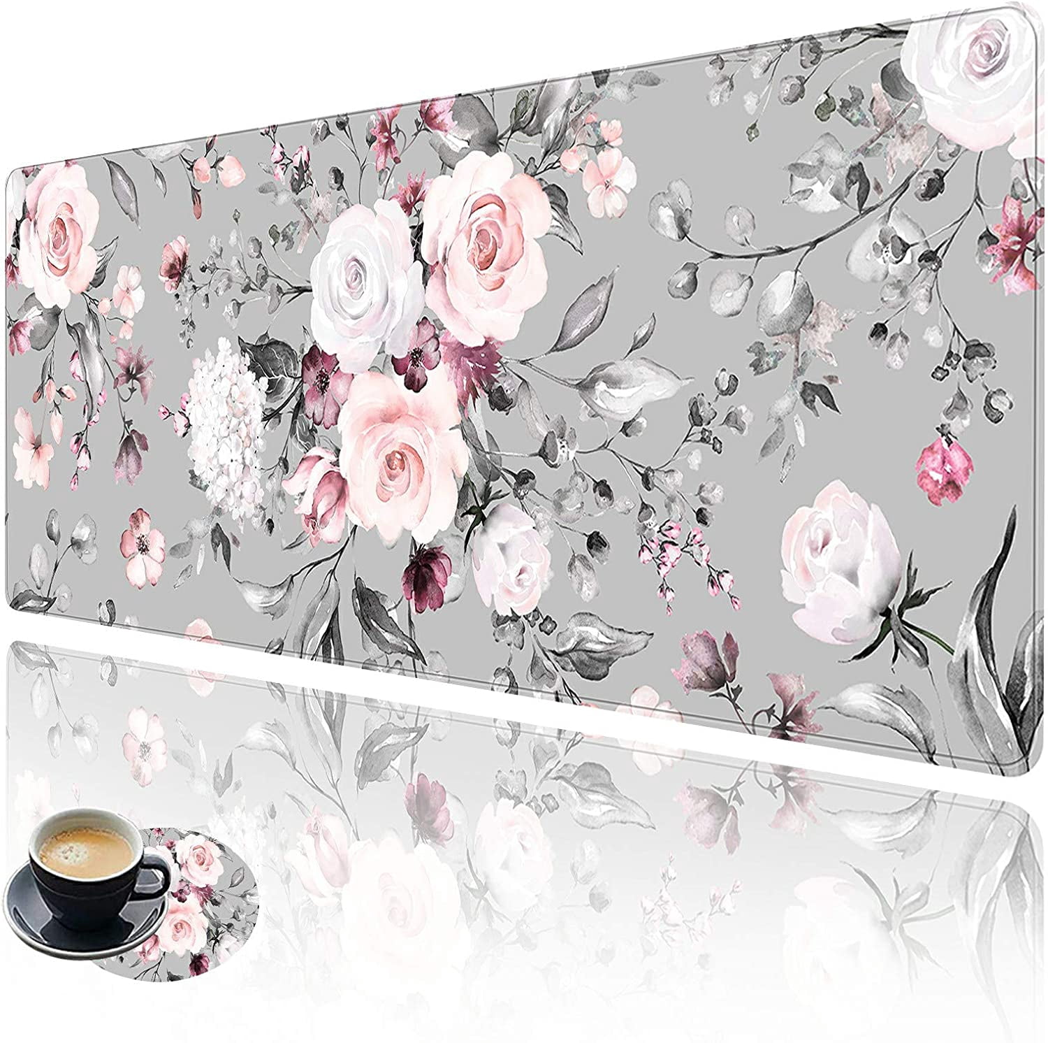 Functional Desk Pad, Extended Large Gaming Mouse Pad with Stitched Edges, XXL Mouse Pad Large (31.5x11.8 Inch) w/ Brilliant Design, Desk Mat Keyboard Pad Non Slip Base - Floral Pink