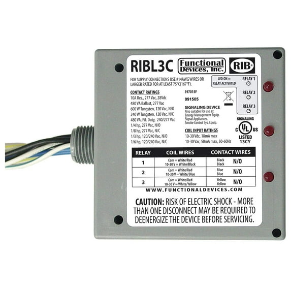 Functional Devices RIBL3C Pilot Relays, 10 Amp 3 SPST-N/O, 10-30 Vac/dc Coil, NEMA 1 Housing CA2