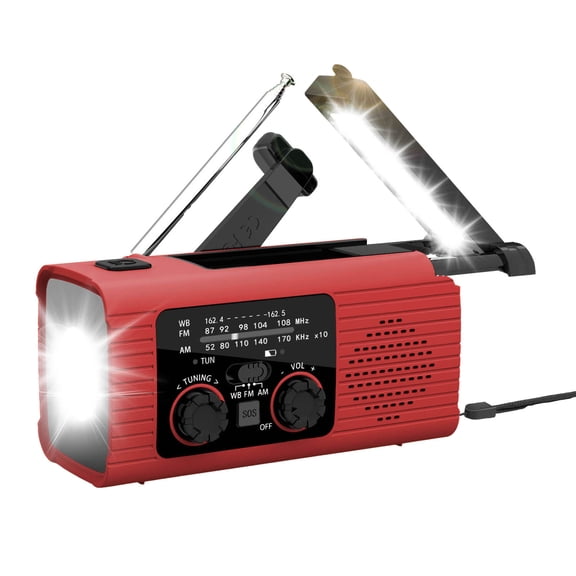 Functional Emergency Hand Crank Solar Powered AM/FM/WB 2000mAh Battery Backup Reading Lamp Flashlight And Alarm Digital Functional Emergency Hand Cranked Power,Red