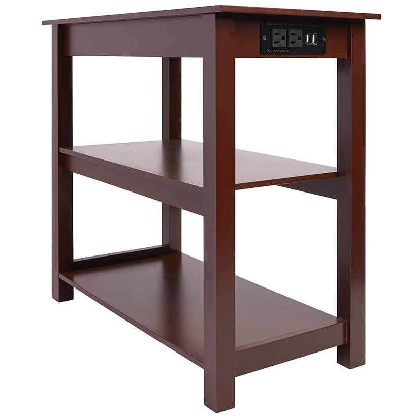 Brown MDF End Table with Power Outlets and Shelves