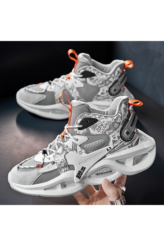 Functional Gray-White Sneakers with Ice Blue Glow-In-The-Dark Thick Soles, Featuring Comic Prints for a Trendy Men'S Style