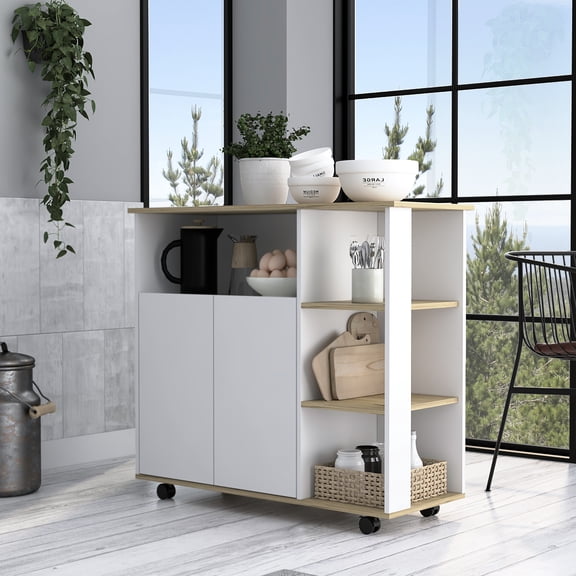 Functional Kitchen Island With One Cabinet And Four Open Shelves In Oak Design Modern Finish Look