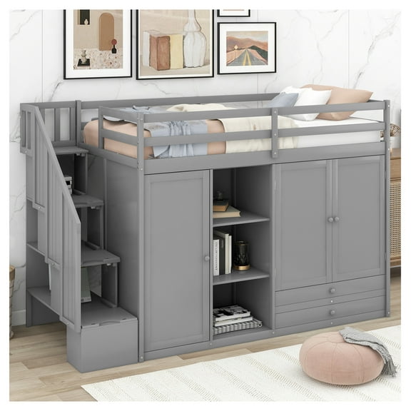 Functional Loft Bed with 3 Shelves, 2 Wardrobes, 2 Drawers & Storage Ladder, Gray