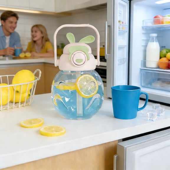 Functional Plastic Easter Bunny Water Bottle, 1000ML Large Capacity Portable Cup with Straw, Excellent Outdoor or Daily Hydration Accessory