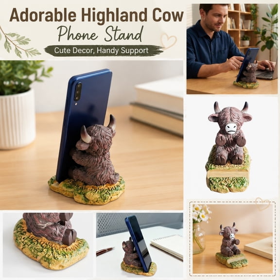Functional Resin Cell Phone Stand Decor, Highland Cow, Decorations, Desktop Stand, 4X3.5X2.5 Inch Adorable Highland Cow Design Phone Mount for Hands-Free Video Calls, Media