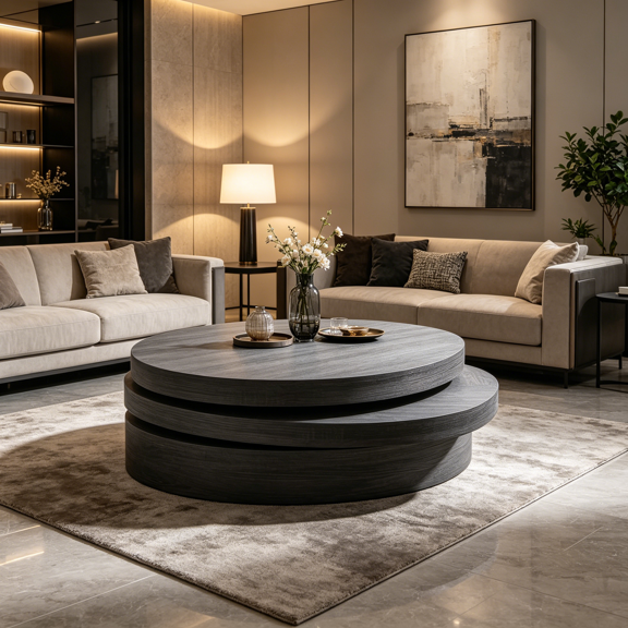 Functional Rotating Coffee Table, Black Oval Design with Swivel Layers for Contemporary Living