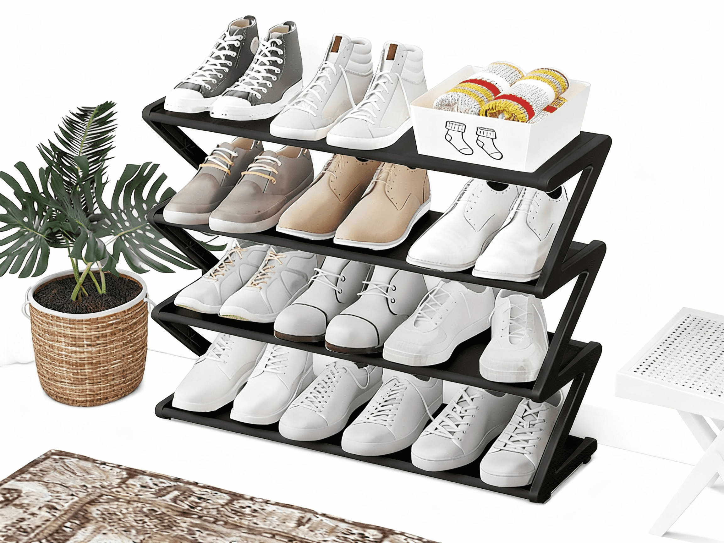 -Functional Shoe Rack with Z-Shaped Layered Storage for Living Room and ...