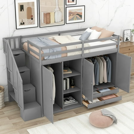 Functional Twin Wood Loft Bed with 3 Shelves, 2 Wardrobes and 2 Drawers, Ladder with Storage, Staircase, Loft Bed with Shelves, Loft Twin Bed for Teenagers, Multiple Functions Bed(Gray)