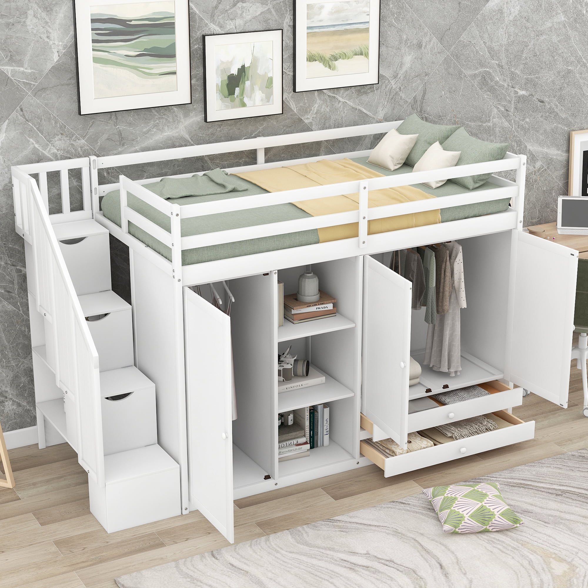 Functional Twin Wood Loft Bed with 3 Shelves, 2 Wardrobes and 2 Drawers ...
