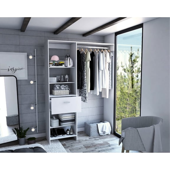 Functional White Closet With Five Open Shelves, One Drawer & Metal Fastening Piece For Stability Closet: 5 Shelves To Keep Things Organized, 1