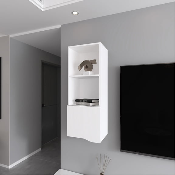Functional White Wall Cabinet with Hidden Compartment for Living Room Storage