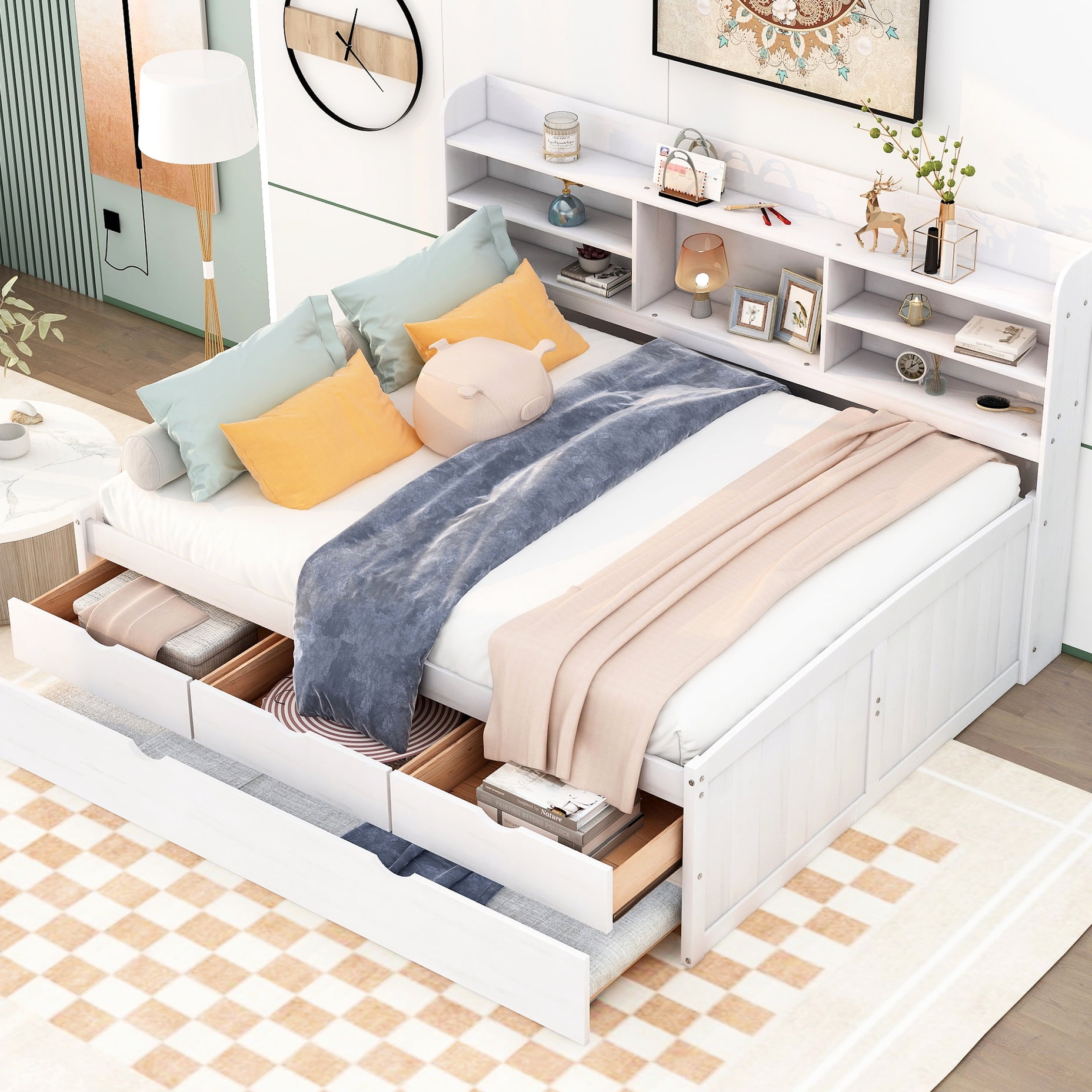 Picture of Functional Wooden Bed With Built-in Shelves, Three Storage Drawers And ...