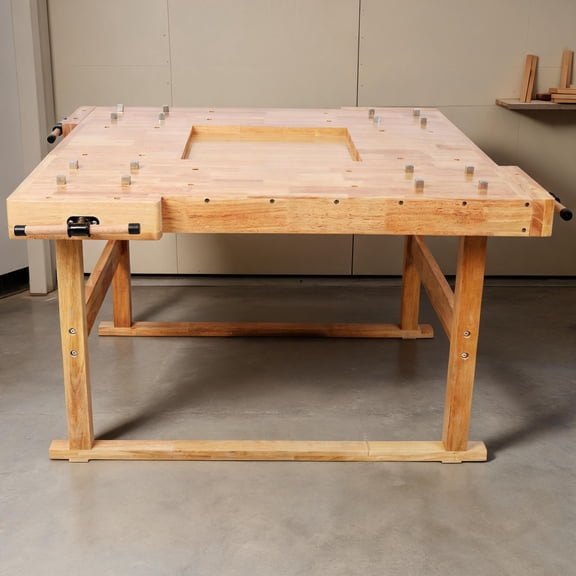 Functional Woodworking Square Workbench with 51.5 Inch Size, Dual Integrated Vises, Light Natural Solid Rubber Wood