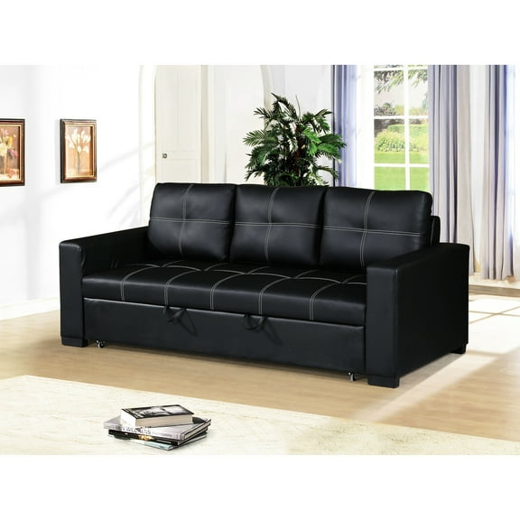 Fundamentally Styled Convertible In Black Faux Leather With Pull-out Bed Spacious For Guests