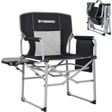 FUNDANGO Black Grey Heavy Duty Directors Chair with Side Table for Camping, Portable Folding Lawn Chairs for Outside, Foldable Outdoor Chair for Adults, Oversized Beach Chair for Sports, Black