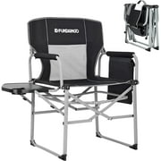 FUNDANGO Black Grey Heavy Duty Directors Chair with Side Table for Camping, Portable Folding Camping Chairs for Outside, Foldable Outdoor Chair Support 400lbs, Oversized Beach Chair for Sports, Black