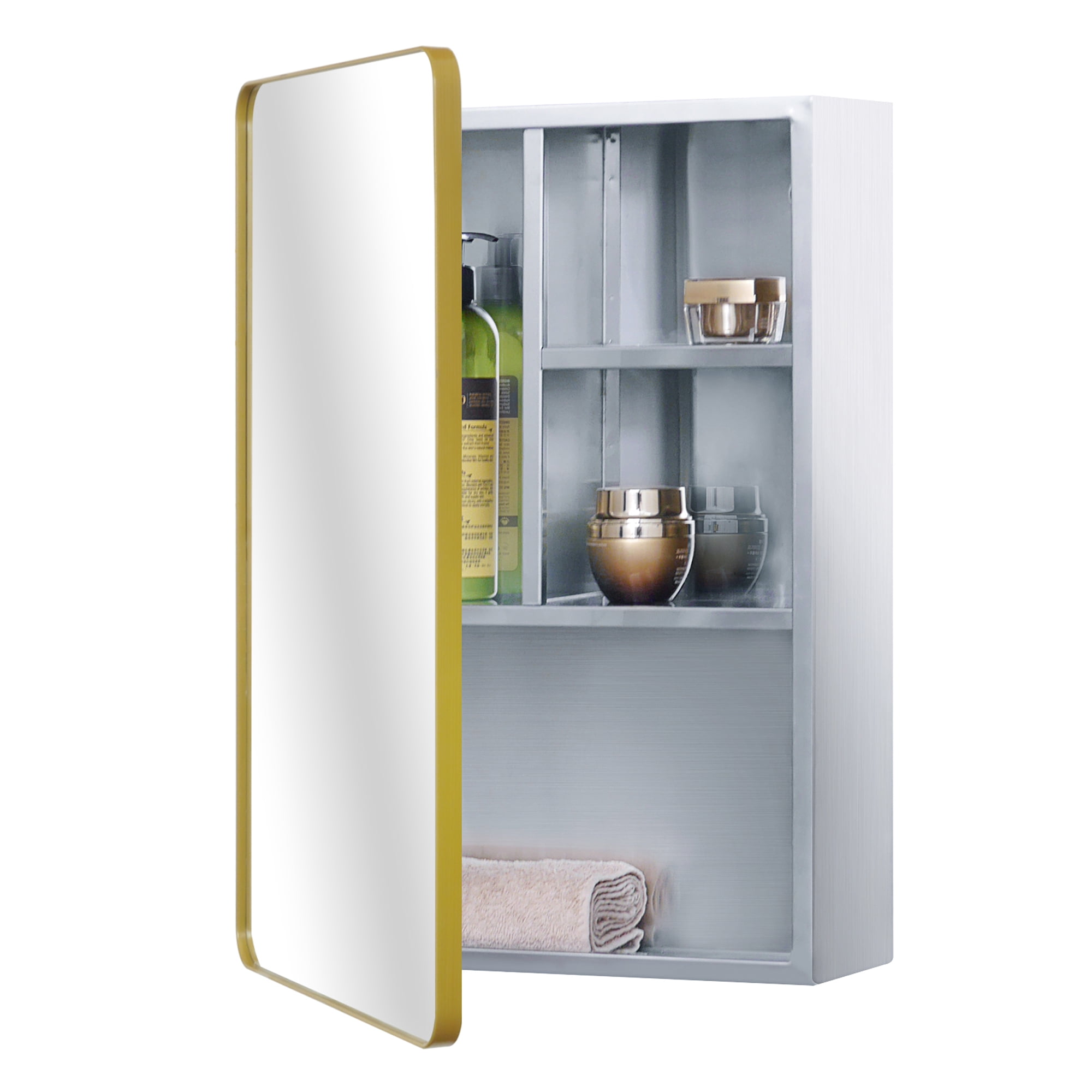 Golden Framed Stainless Steel Medicine Cabinet with Mirror and Shelves