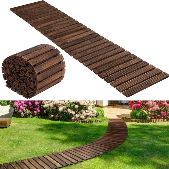 Funepoxy Wooden Garden Pathway, 6ft x 17'' Rustic Wood Slat Walkway, Outdoor Walkway Path w/ Non-Slip Surface Rustic Path Decorative Boardwalk for Patio, Garden, Yard