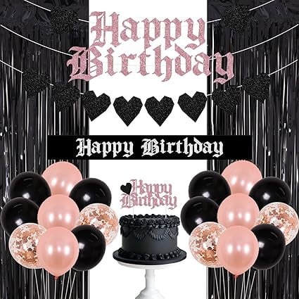 Funeral Birthday Decorations Gothic Birthday Party Supplies Old English Happy Birthday Banner Heart Garland Cake Topper Sash Balloons Black Rose Gold for Women