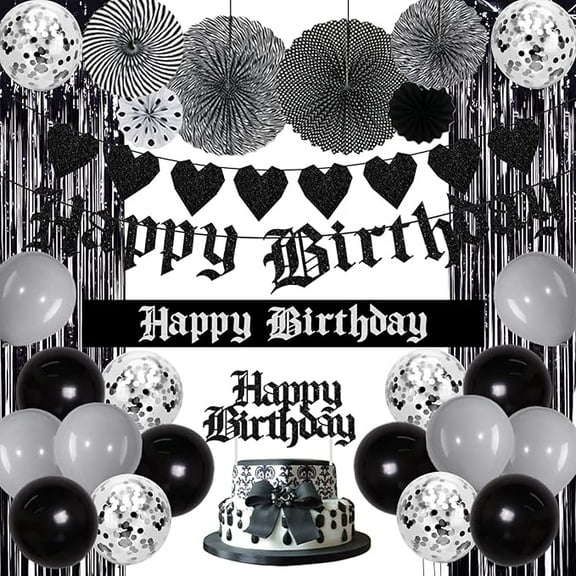 Funeral Birthday Decorations Gothic Birthday Party Supplies Old English Happy Birthday Banner Heart Garland Cake Topper Sash Black Balloons Fringe Curtain for Women Men