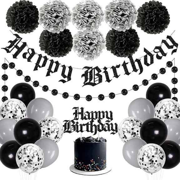 Funeral Birthday Party Decorations Black Gothic Birthday Decorations Old English Happy Birth day Glitter Banner Cake Topper Tissue Pom Poms Black Circle Dot Garland for Men Women