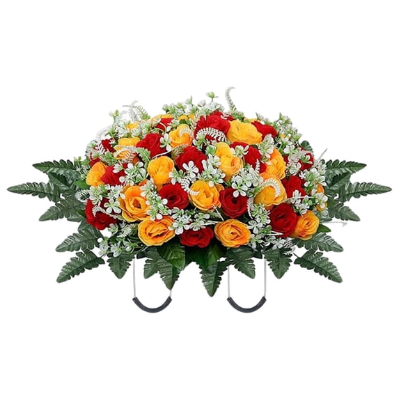Funeral Flowers Large Artificial Cemetery Flower Saddle with Bright Roses, Durable Outdoor Memorial Decoration for Gravesites