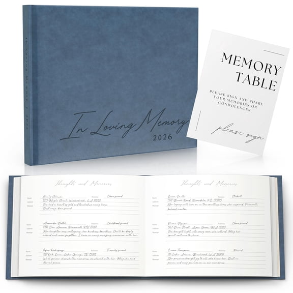 Funeral Guest Book for 2026 Celebration Of Life Memorial Service - Leather Memory Book for Funeral Guests to Sign In with Condolence Memory Table Sign & Back Pocket - Blue Guestbook