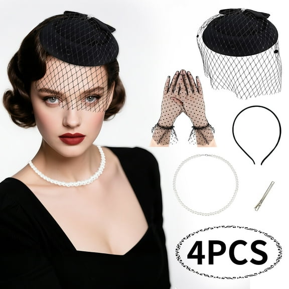 Black Hat for Women Halloween Dinner Party Hat with Gloves and Pearl Necklace Mourning Veil Hat with Hair Clips Headband Funeral Accessories Design 4