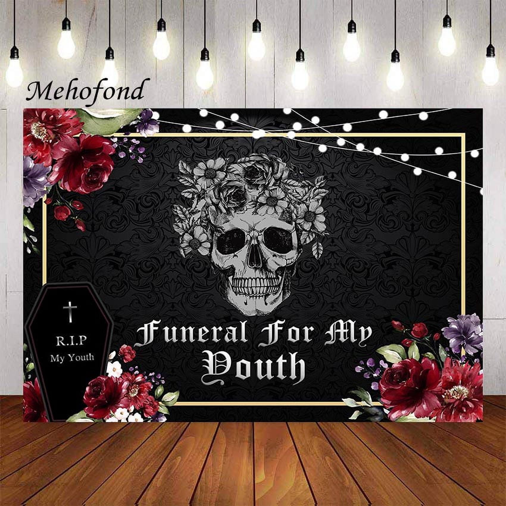 Funural Backdrop Funeral for My Youth My Twenties Skull Coffin Black Birthday Party r ...