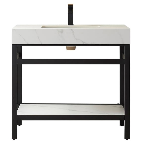 Funes 36" Single Sink Bathroom Vanity in Matte Black Frame White Top No Mirror
