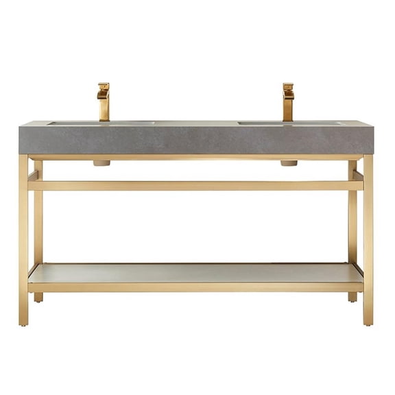 Funes 60" Double Sink Bathroom Vanity in Brushed Gold Frame Gray Top No Mirror