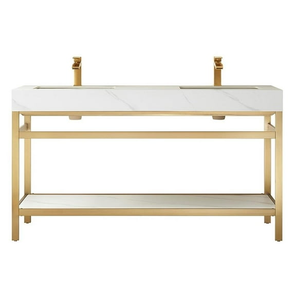 Funes 60" Double Sink Bathroom Vanity in Brushed Gold Frame White Top No Mirror