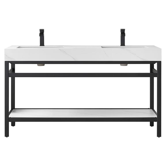 Funes 60" Double Sink Bathroom Vanity in Matte Black Frame White Top No Mirror