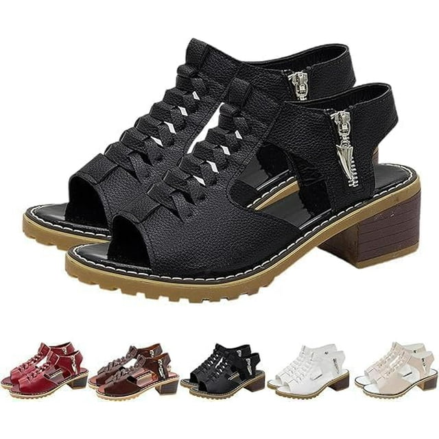 Funfany Peep Toe Cutout Zipper Chunky Heeled Sandals, Women's Peep Toe Comfy Sandals, Hollow Dress Sandal for Women