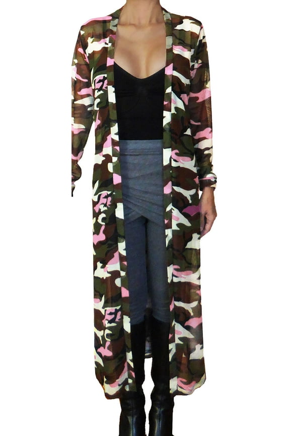Plus Size Women Camo Pink Mesh Kimono Long Duster Cardigan Made in USA