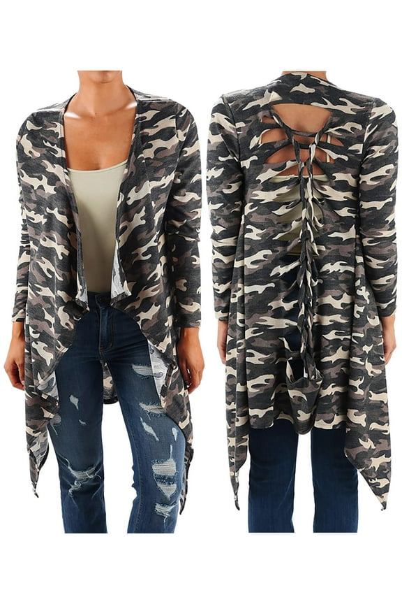 Women Camo Black Kimono Braided Duster Cardigan Long Sleeves Sweater