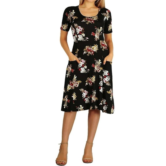 Funfash Women's Plus Sexy Size Short Sleeves Black Floral Dress 2 Pockets - XL