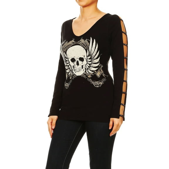 Funfash Women's Plus Size Black Ladder Cut Sleeve Gothic Skull Blouse Top - XXL