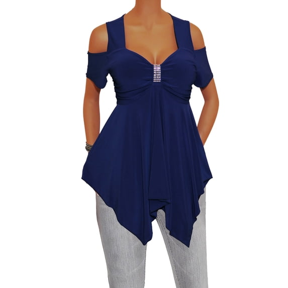 Funfash Women's Plus Size Navy Blue Cold Open Shoulders Blouse Top Shirt - XXXL
