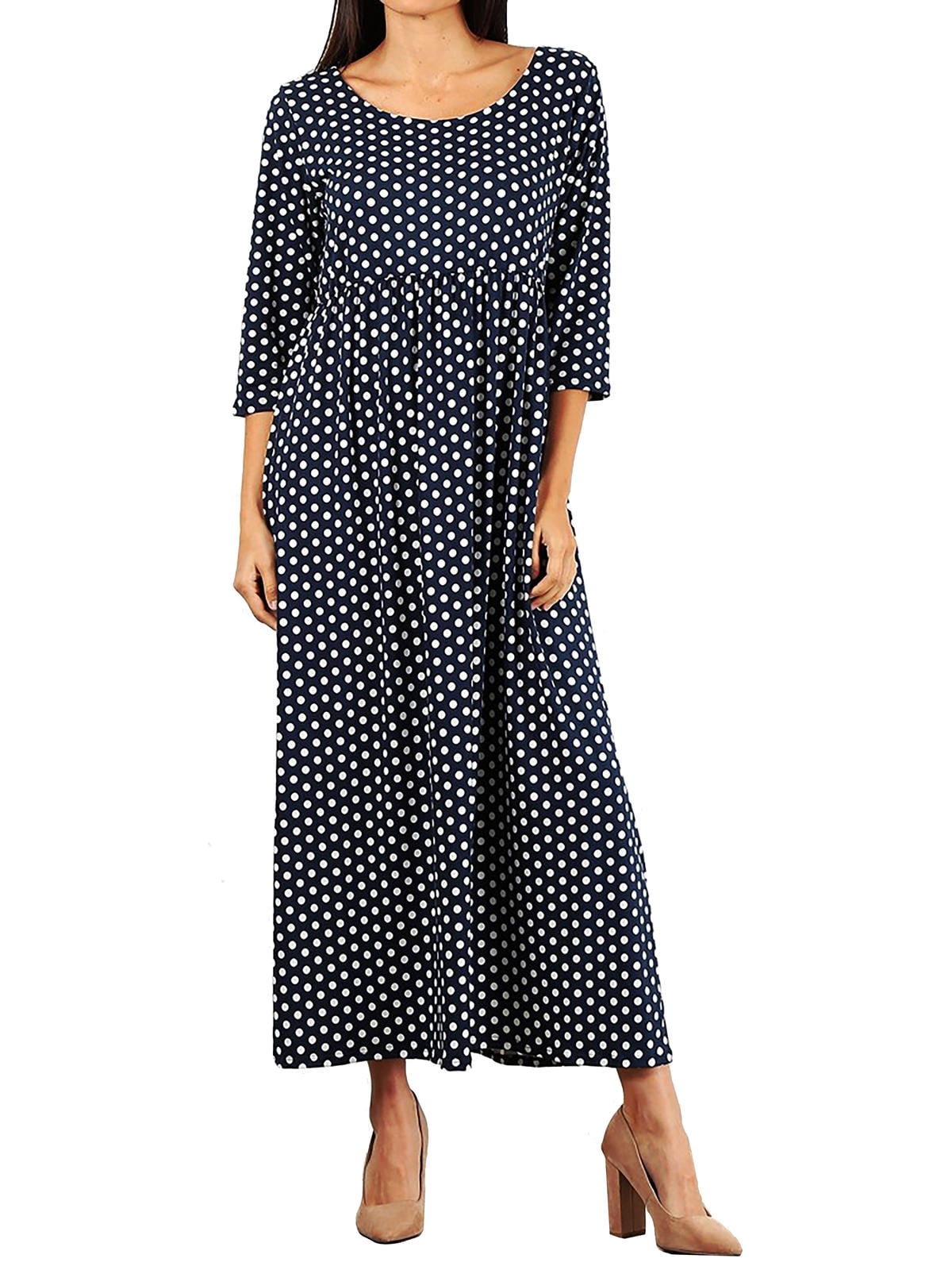 Funfash Women s Plus Size Navy White Polka Dot Long Sleeves A Line Maxi Dress XL
