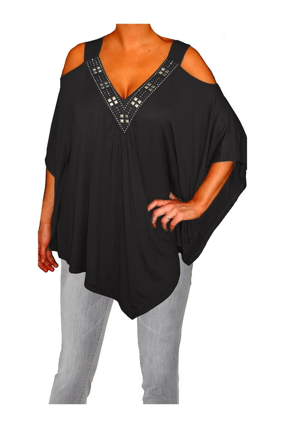 Women's Plus Size Sexy Cold Open Shoulders Black Blouse Top - XXL