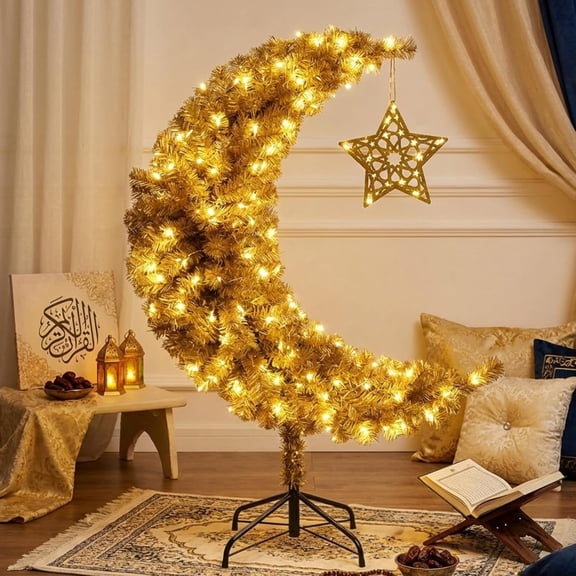 Fung-hwang 3FT Lighted Eid Ramadan Moon Crescent Artificial Tree with Star String LED - White & Green Options - Muslim Islamic Crescent Decor for Tabletop, Garden, & Ramadan Party Decoration