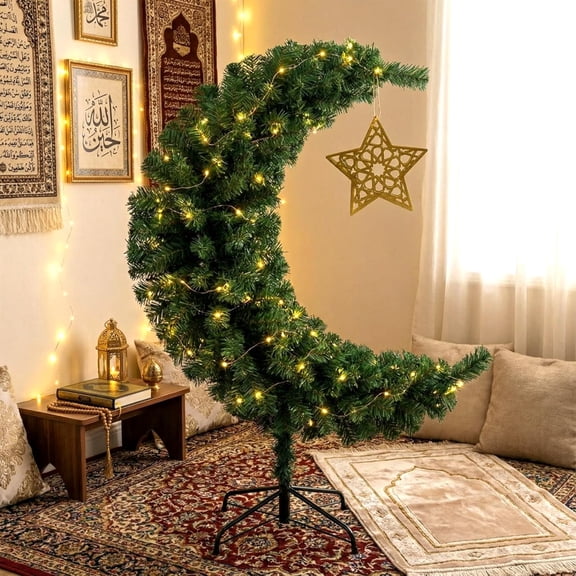 Fung-hwang 3FT Lighted Eid Ramadan Moon Crescent Artificial Tree with Star String LED - White & Green Options - Muslim Islamic Crescent Decor for Tabletop, Garden, & Ramadan Party Decoration