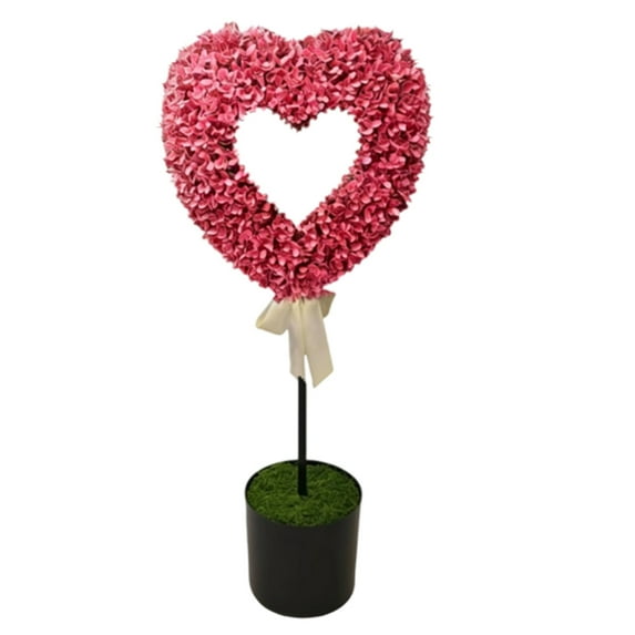 Fung-hwang Boxwood Heart with Bow Topiary, 30 Inch Heart Topiary Pink & White Valentine's Day Artificial Boxwood Decoration, Faux Love Topiary Ball