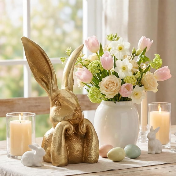 Fung-hwang Gold Easter Bunny Decor - 13.6" Modern Resin Rabbit Statue for Spring Home Decor, Elegant Easter Bunny Figurines for Table Centerpiece & Mantel, Large Rabbit Figurine for Living Room