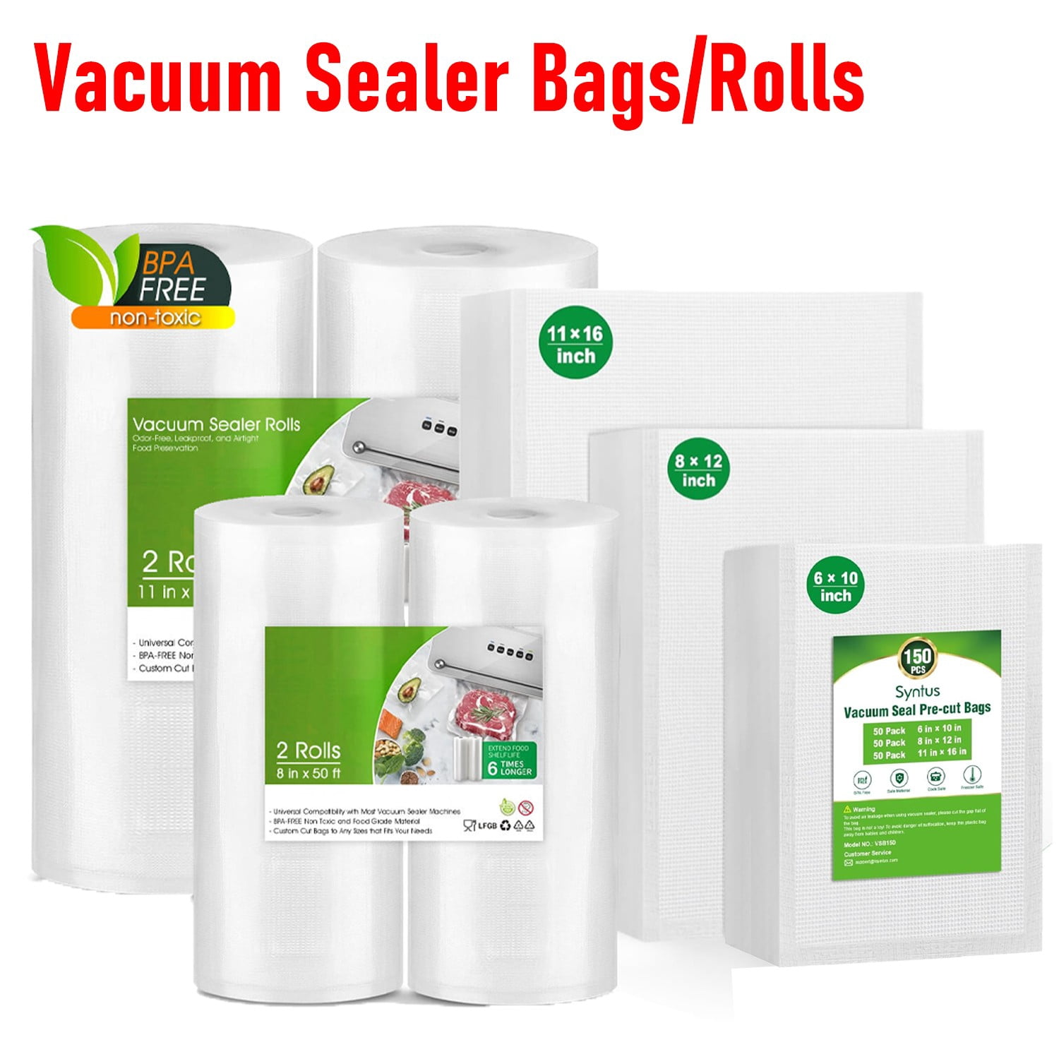 Vacuum Sealer Rolls – 1 Roll 8x50' + 1 Roll 11x50' – Embossed, Silver, Unbranded