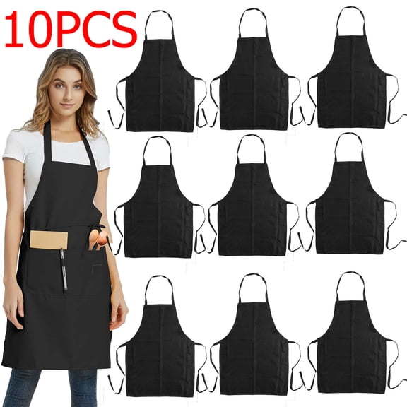 FungLam  10 Pack Apron Solid Cooking Apron Kitchen Restaurant Bib Unisex Dress Black with 2Pocket Machine Washable for Kitchen Crafting BBQ Drawing