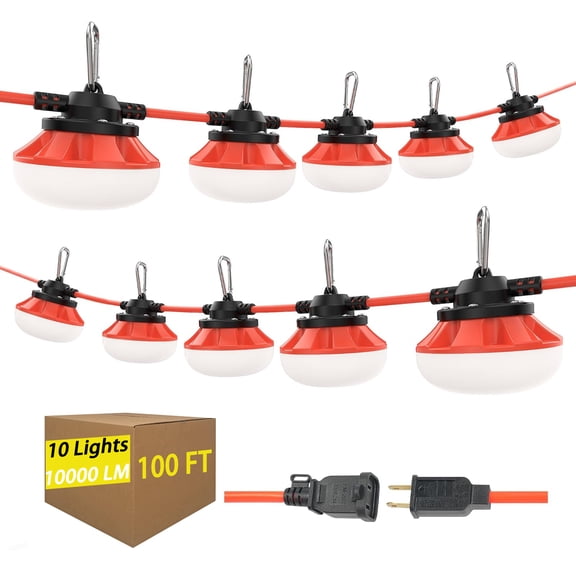 FungLam 100FT Construction Lights 100W 10000LM Super Bright Industrial Grade LED Construction String Lights Indoor Outdoor LED Work Light (Red)