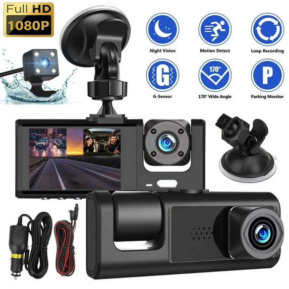 FungLam 1080P Dual Lens Dash Cam For Cars, Front/Rear/Inside Video Camera Driving Recorder Night Vision G-Sensor