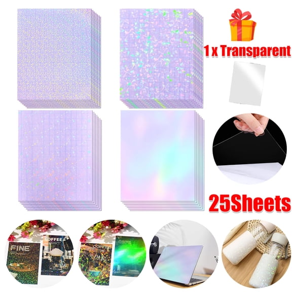FungLam 25 Sheets Mixed 8.5x11" Holographic Sticker Paper Clear Self-Adhesive Laminating Pouches Overlay No Need Machines
